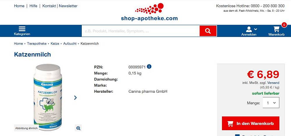 Screenshot Canina Pharma Katzenmilch, Shop-Apotheke